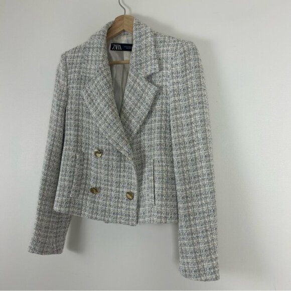 ZARA WOMEN NEW CROPPED TEXTURED BLAZER WEAVE TWEED - Picture 8 of 10